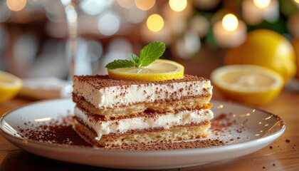 Layered Lemon Tiramisu Dessert with Mint Garnish and Chocolate Shavings on a Beautiful Plate