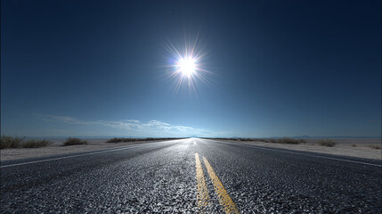 An endless road leading towards the sun on a bright day. The road has yellow lines in the middle and leads to the horizon, showcasing a vast expanse
