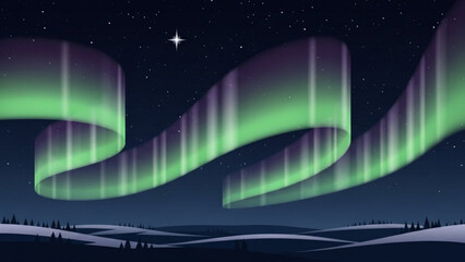 Green and purple aurora borealis swirling in night sky with stars and snowy landscape with northern lights and natural phenomenon with cold