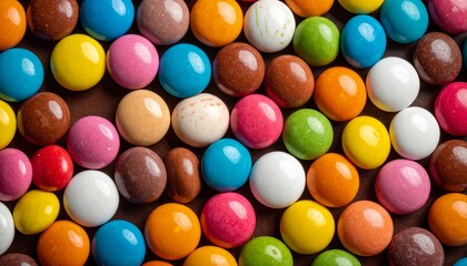 Obraz premium A vibrant group of colorful chocolate candies and jelly beans creates a bright confectionery texture of sweet round snacks including green and orange sugar dragee