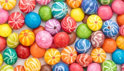 A vibrant group of colorful chocolate candies and jelly beans creates a bright confectionery texture of sweet round snacks including green and orange sugar dragee