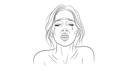 Black and white line drawing of a woman crying with a tear crying woman emotion