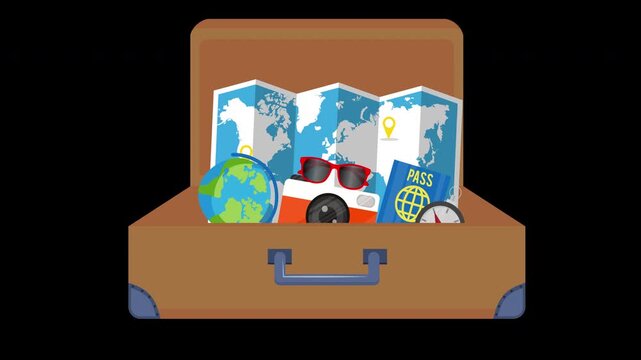 Open suitcase full of travel accessories and map vacation concept animation