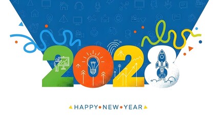 Vibrant 2023 New Year celebration with colorful graphic elements