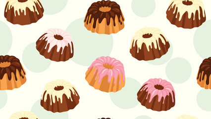 Seamless pattern of various glazed bundt cakes with chocolate, pink, and white frosting decorated on a light background with soft green circles.