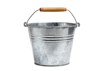 Galvanized bucket with wooden handle against black background