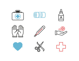 Medical icons first aid kit bandage bottle gloves thermometer healthcare symbols