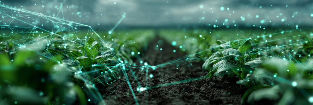 Digital data visualizations overlaid on lush green plant seedlings in soil, illustrating technological integration with agriculture and growth processes