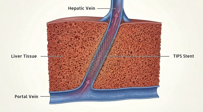 Medical illustration of TIPS procedure: Transjugular Intrahepatic Portosystemic Shunt stent connecting portal and hepatic veins