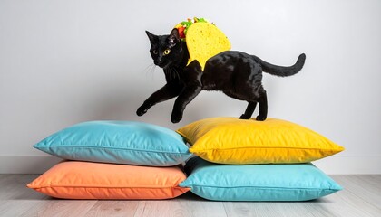 Black cat in taco costume leaping from colorful pillows.