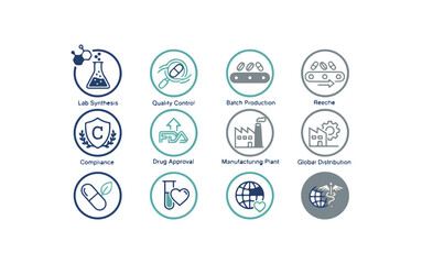 Pharmaceutical manufacturing process icons representing science and technology