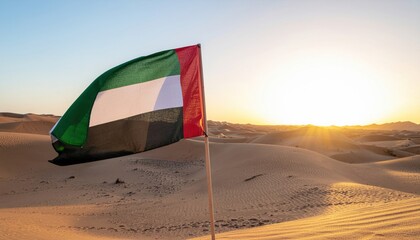 UAE Flag Waving in the Desert During Sunset with Warm Colors and Scenic Landscape Background