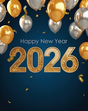 Elegant Gold and Silver Balloons Celebrating 2026 New Year on Dark Blue Background with Festive Confetti and Sparkling Numbers