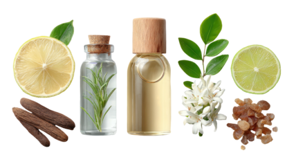 Essential oils, lemon, lime, botanicals on black background