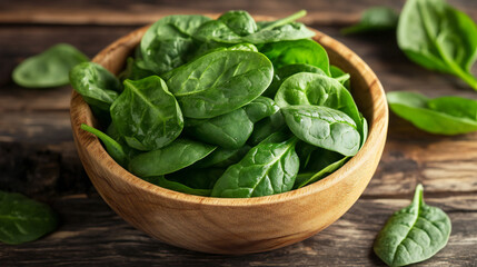 Fresh organic spinach leaves in a wooden bowl on rustic wooden surface for healthy eating