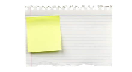 Torn lined paper with yellow sticky note isolated on transparent background