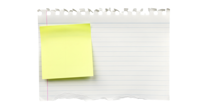 Torn lined paper with yellow sticky note isolated on transparent background - Powered by Adobe
