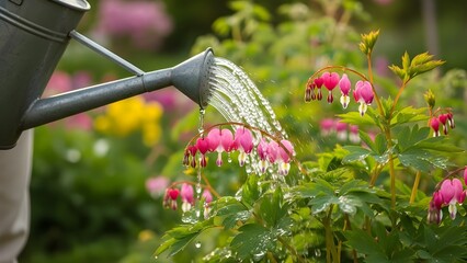 Watering bleeding heart flowers in a garden during spring