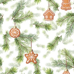 Seamless pattern Illustration with hand-drawn green pine branches and hanging gingerbread cookies on a white background.