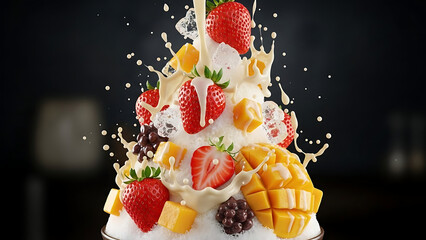 Delicious and refreshing mountain of shaved ice dessert lavishly topped with ripe strawberries, sweet mango pieces, red beans, and creamy milk, creating a delightful splash effect