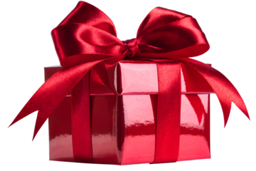 A shiny red silk ribbon and satin knot decorate this festive gift box, creating an isolated Christmas present design for a holiday celebration or Valentine surprise