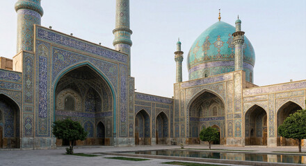 Grand Iranian Mosque Interior with Ornate Islamic Architecture and Turquoise Details