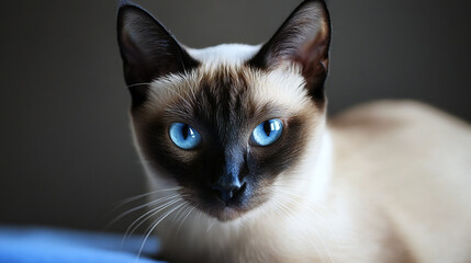 Close-up of a Siamese cat with striking blue eyes and dark facial mask against a blurred background