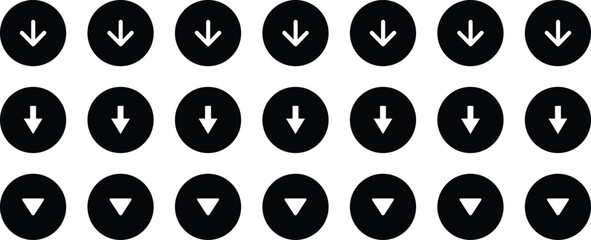 Down arrow icon set. Arrow. Cursor. Arrow vector icon. Simple arrow set. Black arrow icon set.  turn bottom direction interface element, Collection different arrows sign. 