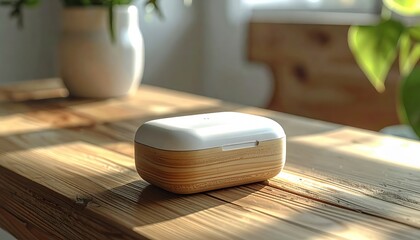 Minimal wooden wireless earbud case on sunlit table with natural light and cozy interior mood