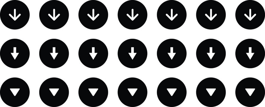 Down arrow icon set. Arrow. Cursor. Arrow vector icon. Simple arrow set. Black arrow icon set.  turn bottom direction interface element, Collection different arrows sign. 