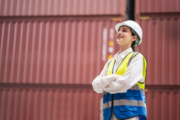 Portrait cross arm Caucasian woman logistics workers working with man worker at container site