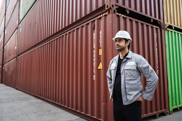 Portrait man logistics workers with container background