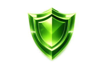 Green glossy metallic shield icon symbolizing digital cybersecurity, data protection, and antivirus defense on a transparent background