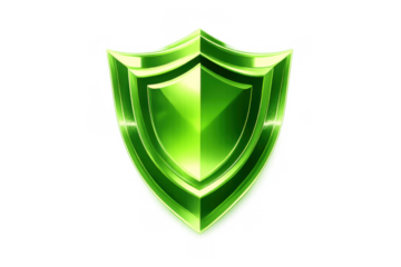 Green glossy metallic shield icon symbolizing digital cybersecurity, data protection, and antivirus defense on a transparent background