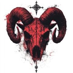 Demonic goat skull with intricate arcane sigils and symbols  evoking a sense of dark  gothic horror  The features a black and dark red color scheme against a white background