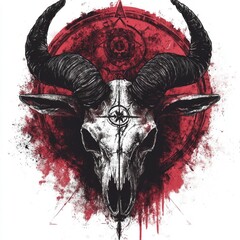 Demonic Goat Skull with Arcane Sigils   Occult Gothic Horror T shirt Design in Black and Dark Red Colors Isolated on White Background
