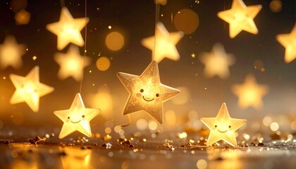 Glowing Golden Stars with Smiling Faces on Shiny Surface.