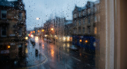 City Street View Through Wet Window with Raindrops