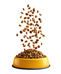 Food falling into a yellow pet bowl