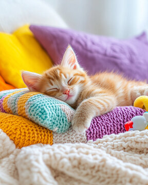 Cute ginger kitten sleeping peacefully on colorful knitted pillows and blankets, cozy home scene filled with warmth, tenderness and calm mood