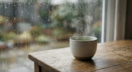 Green tea in a clear glass cup placed next to a window