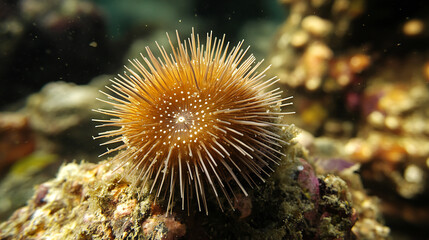 Close-up of a vibrant sea urchin with spiny exterior nestled on colorful coral reef environment