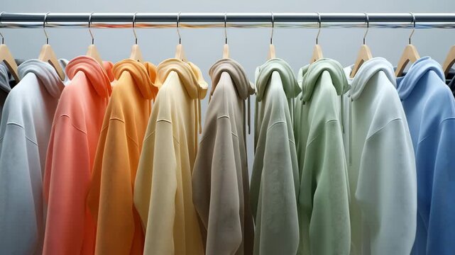 A rack of clothing using varying colors using hoodies on a hangers