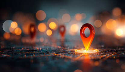 Digital red location pin icon with orange glow on a modern map interface, representing geolocation and navigation technology