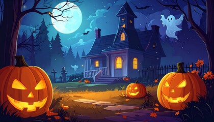 Spooky Halloween Night with Jack-o-Lanterns and Haunted House.