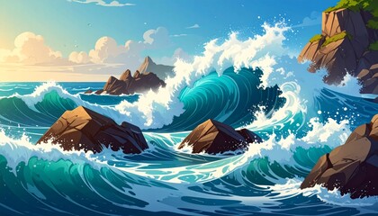 Turquoise ocean waves crashing against rocky coastline.