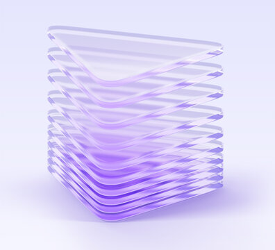3d glass layer triangle with light purple gradient and array effect. Abstract geometric overlapping shape render. Holographic crystal cut triangular of iridescent transparent plates. 3D illustration