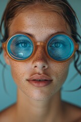 Young woman with blue round glasses in a close-up portrait against a light background