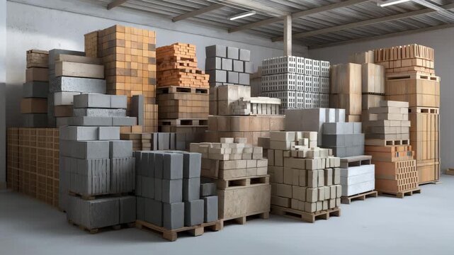 Various building materials, including bricks, stones, wood, and concrete blocks neatly arranged in a concrete warehouse manufacturing