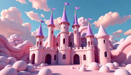 Whimsical Pastel Fantasy Castle Against Dreamy Cloud